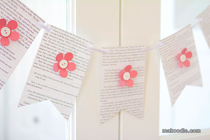 Spring Banner - DIY Spring or Easter Garland with Pink Flowers on Book Pages from Makoodle.com