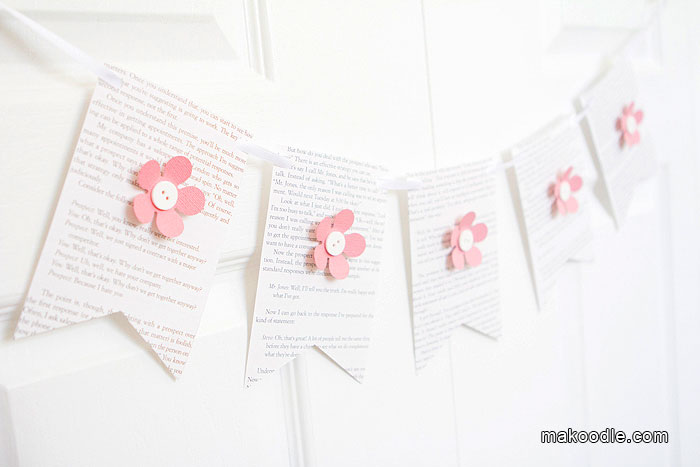 Spring Banner - DIY Spring or Easter Garland with Pink Flowers on Book Pages from Makoodle.com